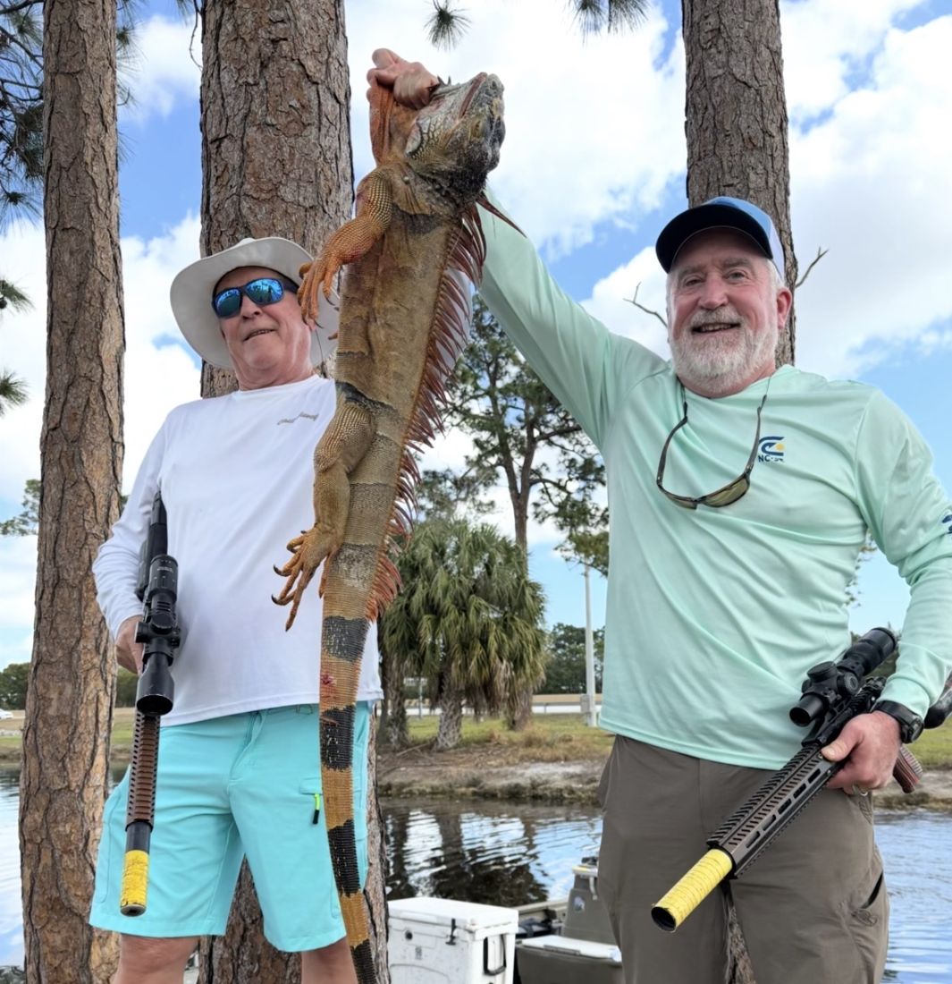Two Allgood's Adventures guests holding up a harvested green iguana beside a South Florida canal